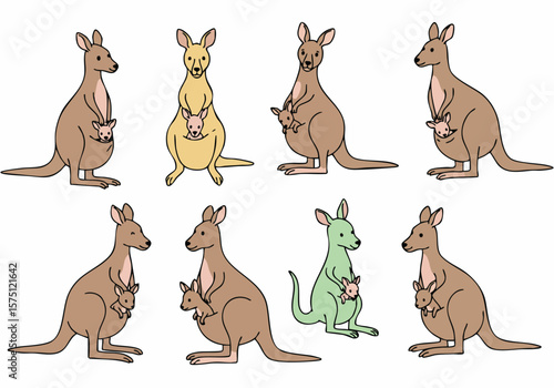 Set of cute hand-drawn cartoon kangaroos with joeys in their pouches, isolated on white background, featuring various colors and poses.
