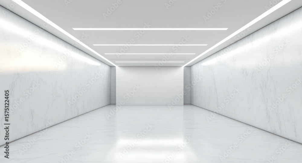 Obraz premium Bright empty modern hallway with white marble walls and polished floor illuminated by long rectangular ceiling lights creating a spacious and clean atmosphere