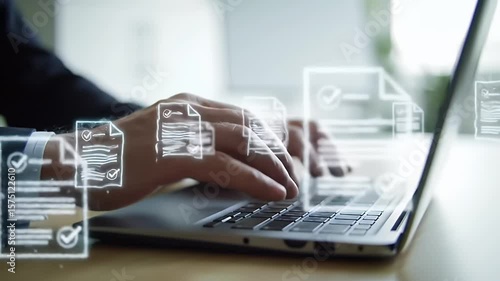 Wallpaper Mural Man Typing On Laptop With Document Icons Overlaid On Screen In Bright Indoor Office Environment For Compliance And Audit Review Torontodigital.ca