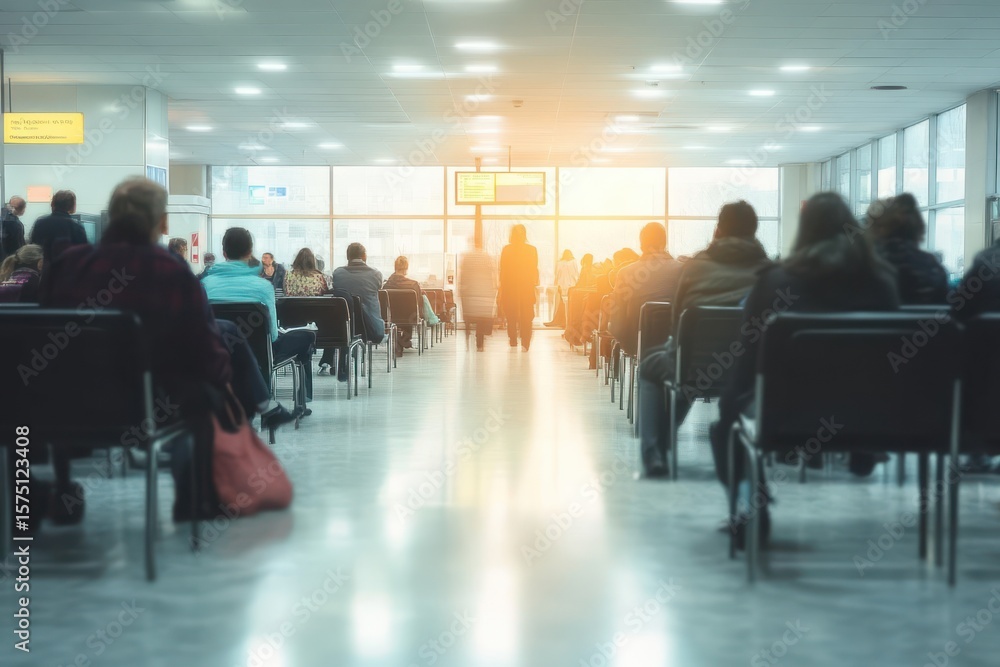 People sitting and waiting in a bright, spacious indoor waiting area with large windows and overhead lights, evoking calm anticipation and patience People sitting and waiting in a bright, spacious indoor waiting area with large windows and overhead lights, evoking calm anticipation and patience