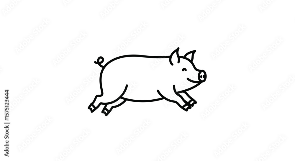 Obraz premium A simple line drawing of a pig running with a curly tail and smile