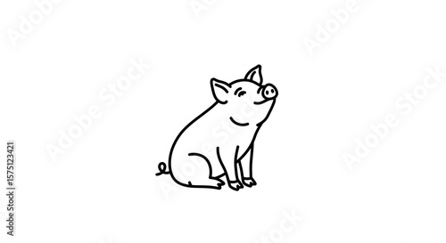 Illustration of a simple line drawing of a pig sitting upright