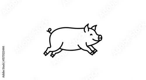 A simple line drawing of a pig running with a curly tail and smile