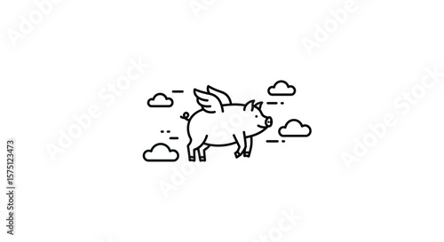 Outline drawing of a flying pig with wings surrounded by small clouds