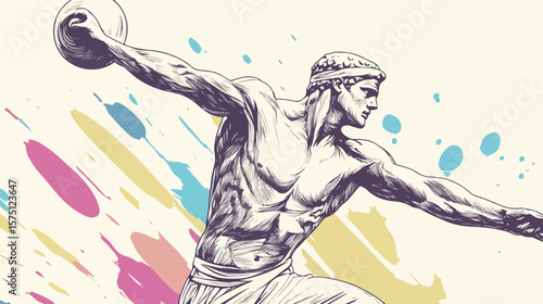Dynamic Line Drawing of Discus Thrower Athlete in Action