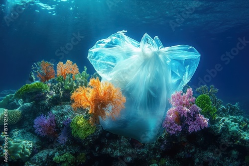 Fototapeta Naklejka Na Ścianę i Meble -  Clear plastic bag polluting vibrant coral reef underwater with colorful corals and ocean light rays