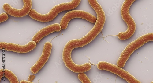 Detailed microscopic view of vibrio cholerae bacteria with flagella structures
