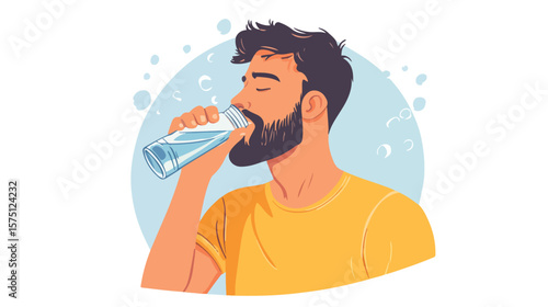 Hydrated man drinking water flat vector illustration