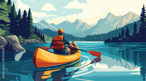 Adventure Water Sports: Man Canoe Rafting on Lake Vector Illustration