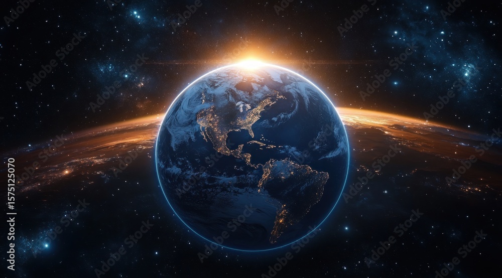 Obraz premium View of Earth from space showing North and South America illuminated by city lights with the sun rising behind, surrounded by stars in the vast darkness of space