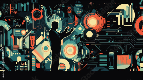 Meta Universe Workspace: Vector Illustration of Man Working