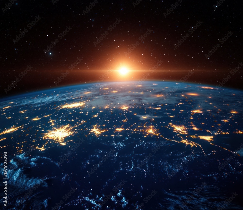Obraz premium Sunrise over Earth from space showing illuminated city lights on the dark surface with a starry sky in the background conveying awe and vastness