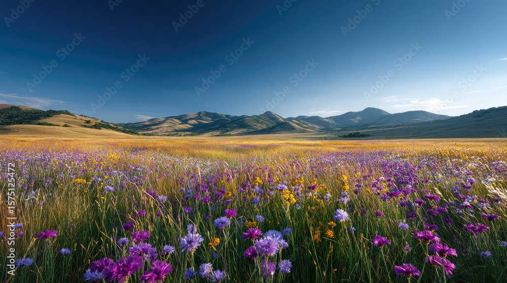 Obraz premium A vast field of wildflowers stretches out to a backdrop of rolling hills.
