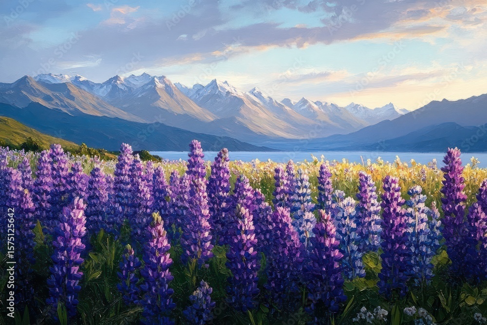 Fototapeta premium Vibrant purple and white lupine flowers blooming in a sunlit meadow with snow-capped mountains and a calm lake under a partly cloudy sky during golden hour