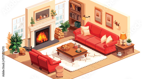 Modern Isometric Cozy Living Room Setup with Sofas and Furniture