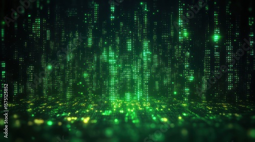 Abstract digital matrix consisting of cascading glowing green code and symbols creating a futuristic and immersive technological environment