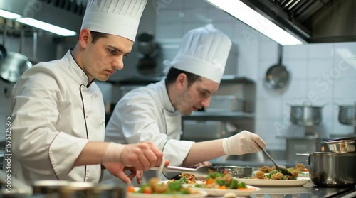 Culinary teamwork: Two professional chefs collaborate in a commercial kitchen, meticulously preparing and plating delicious dishes, showcasing the precision and skill of culinary artistry.