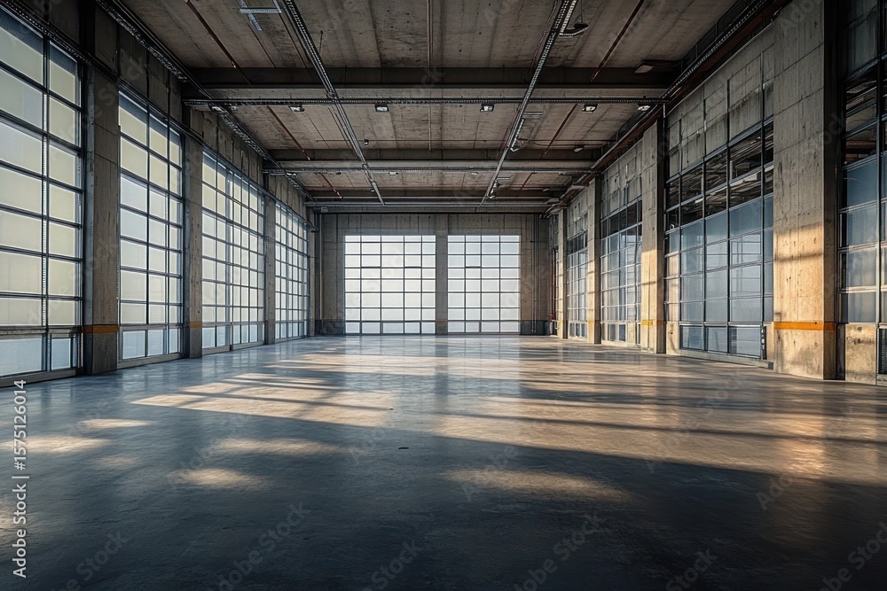 Empty industrial warehouse interior with concrete floors, large windows, and soft natural light casting shadows creating a spacious, calm atmosphere Empty industrial warehouse interior with concrete floors, large windows, and soft natural light casting shadows creating a spacious, calm atmosphere
