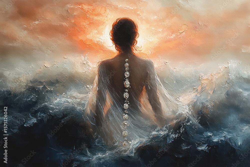 Obraz premium Surreal painting of a woman seen from behind with a glowing sunrise and luminous pearls aligned along her spine, surrounded by turbulent ocean waves, evoking mystery and serenity