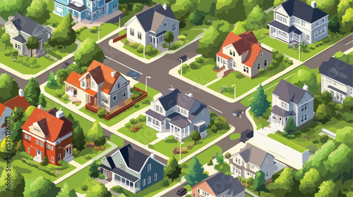 Modern Isometric Neighborhood with Diverse Mix of Houses and Garages