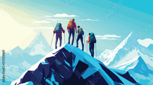 Group of Men Hiking Mountain Peak Outdoors Adventure