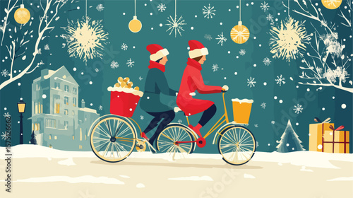 Festive Merry Christmas Card with Couple Riding Tandem Bike