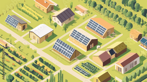 Isometric Village Setup with Solar-Powered Houses