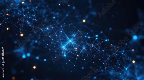 Wallpaper Mural Glowing blue network of interconnected points and lines on dark background with scattered orange light dots evoking digital connectivity and technology Torontodigital.ca