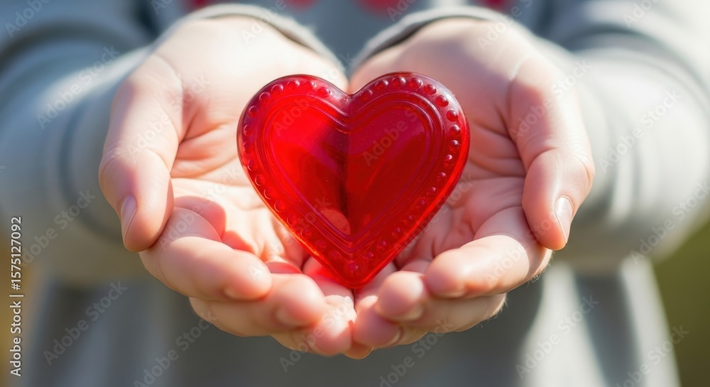 Fototapeta premium Hands Cupping Red Glass Heart Symbol