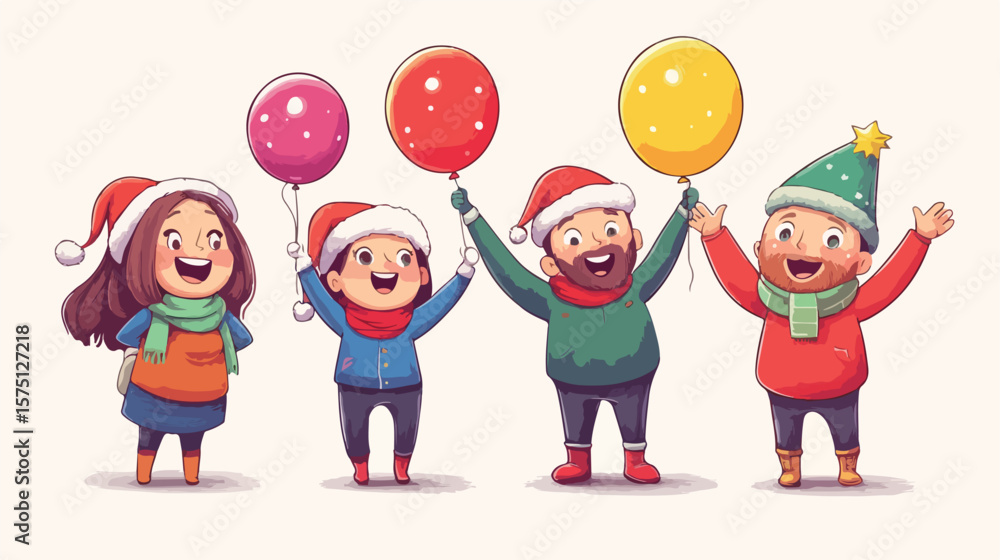 Fototapeta premium Festive Joyful Men and Women Celebrating with Christmas Balloons