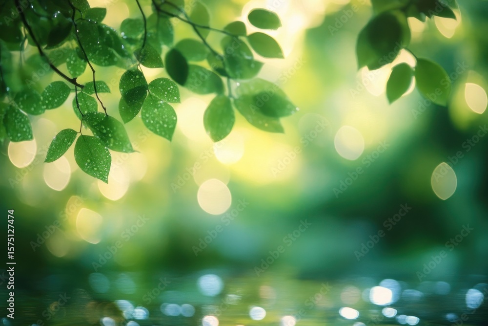 Close-up of fresh green leaves hanging above calm water with sunlight creating bokeh effects and reflecting water droplets, evoking tranquility and freshness Close-up of fresh green leaves hanging above calm water with sunlight creating bokeh effects and reflecting water droplets, evoking tranquility and freshness