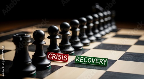 Chess pieces strategically aligned: navigating crisis and recovery on the checkered board,Chessboard strategy: illustrating the transition from 'Crisis' to 'Recovery' with chess pawns