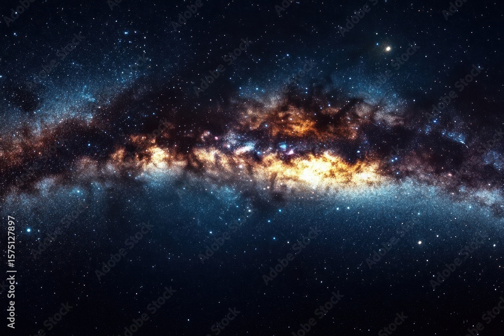 Fototapeta premium Vast colorful galaxy with dense clusters of stars glowing in blue, orange, and white against the dark night sky evoking wonder and cosmic mystery
