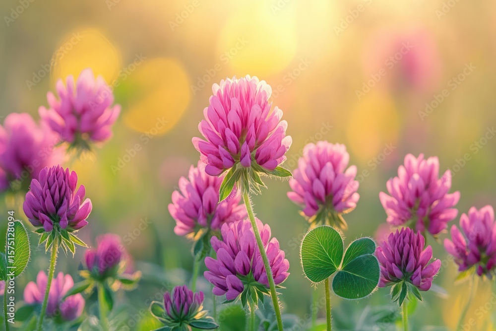 Close-up of purple clover flowers and green leaves in soft golden sunlight creating a peaceful and warm natural scene Close-up of purple clover flowers and green leaves in soft golden sunlight creating a peaceful and warm natural scene