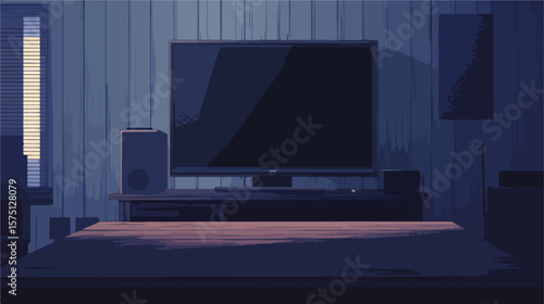 Elegant Living Room Setting with Large TV on Wooden Table