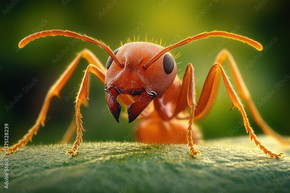 Naklejka premium Close-up of an orange ant with detailed antennae and mandibles standing on green leaf with blurred natural background