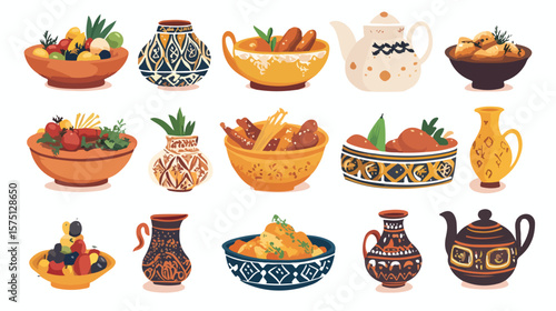 Exquisite Moroccan Food and Traditional Arabic Pottery Display