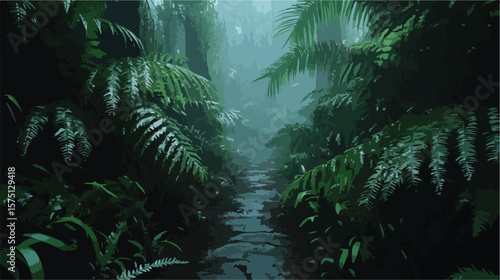 Enchanting Mysterious Tropical Rainforest with Spooky Ferns and Wet