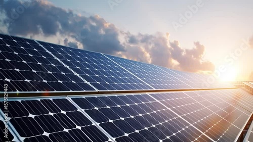 Photovoltaic (PV) solar panels installed on a roof at golden hour, concept of renewable energy