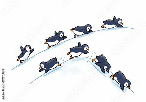 Group of cute cartoon penguins sliding down snowy slopes and playing in the winter snow.