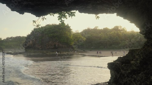 Wide shot of Madasari Beach landscape, located in Pangandaran, West Java, Indonesia, during sunset. One of West Java’s most famous travel destinations.
