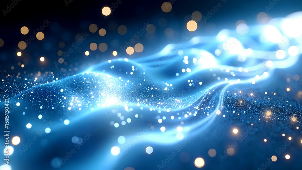 Obraz premium A glowing blue digital wave with sparkling particles and flowing light trails creating a futuristic, high-tech abstract scene.