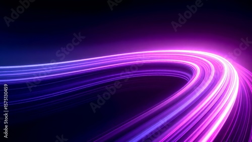 Vibrant curved neon light trails in purple and pink hues on a dark background, creating a dynamic and futuristic effect.