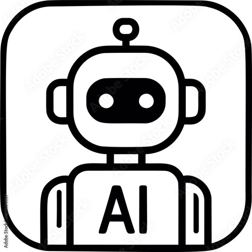 Minimalist black and white robot icon with AI label, cybernetic illustration