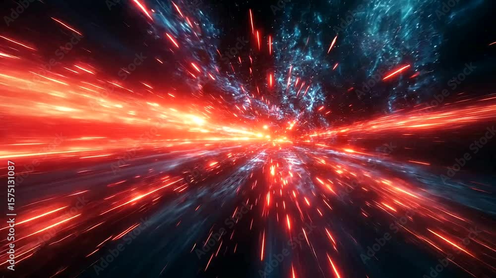 Abstract hyper space jump with red and blue light trails creating a warp speed effect