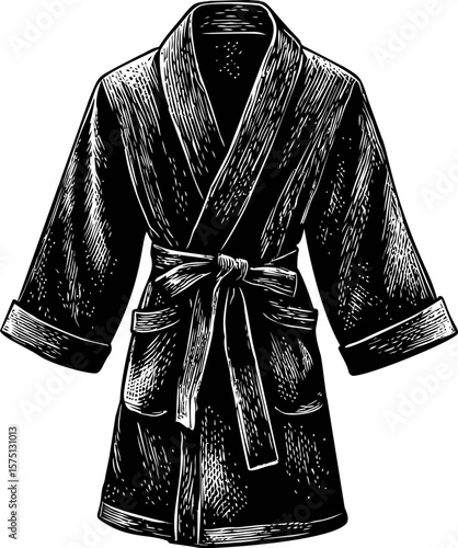 Black and white illustration of a bathrobe with belt sketch