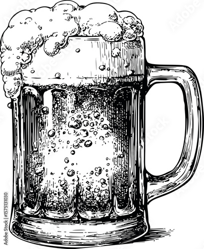 Vintage sketch of frothy beer mug with bubbles in black and white illustration