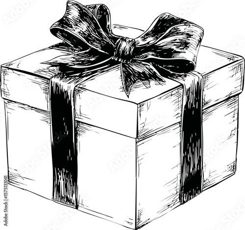 Intricately sketched gift box with large bow in black and white, digital art