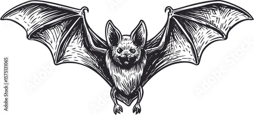 Illustration of a detailed flying bat with outstretched wings and fierce expression