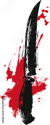 Artistic black knife illustration with red paint splatters conceptual graphic art